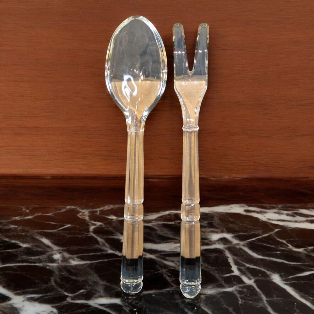 Vintage Glass Salad Serving Set Utensils 10" Serving Spoon Fork Art Deco
